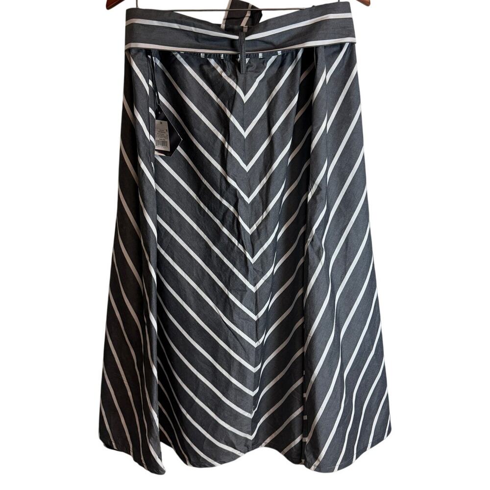 Ava & Viv Plus Black White Striped Midi Skirt Tie Waist Button Front Cotton - Picture 4 of 8